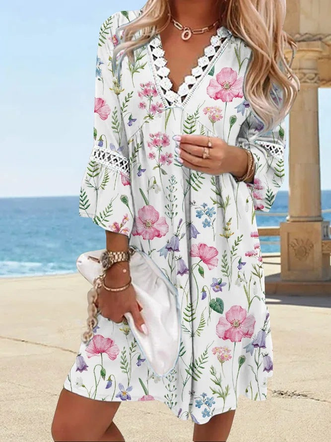 Women's Lace V-neck Patchwork Loose Casual Dress