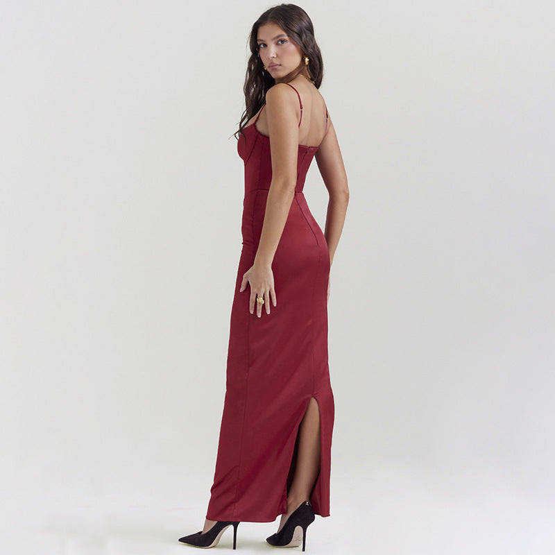 V-neck Strap Backless Stitching Split Dress