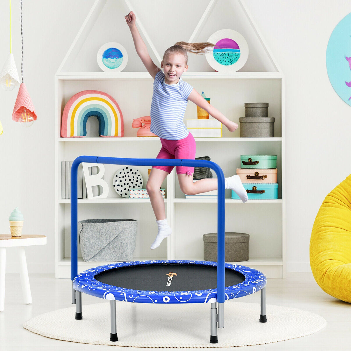 Child's Folding Trampoline with Padded Edge Cover and Full Covered Handle-Pink