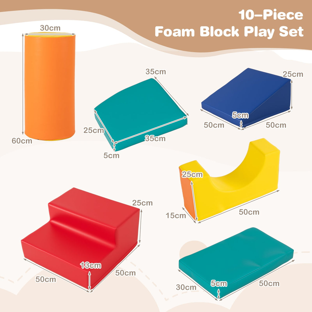 10 Pieces Foam Climbing Blocks Set with PU Leather Surface for 1-3 Years Old-Colourful