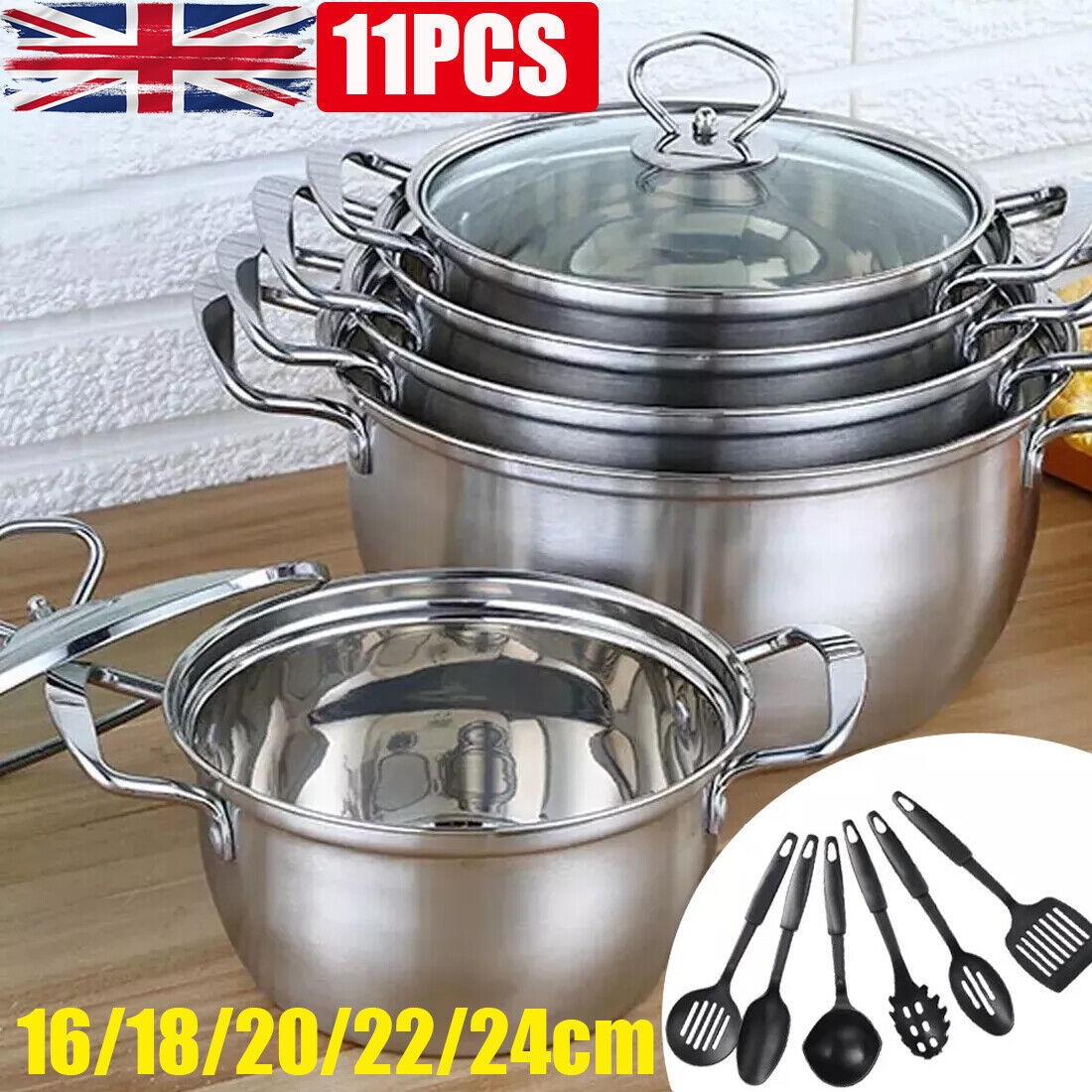 11 Piece Stainless Steel Cookware Pan Set Non-Stick Induction Pots Lids Pans Utensils