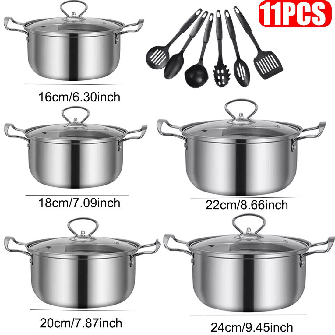 11 Piece Stainless Steel Cookware Pan Set Non-Stick Induction Pots Lids Pans Utensils