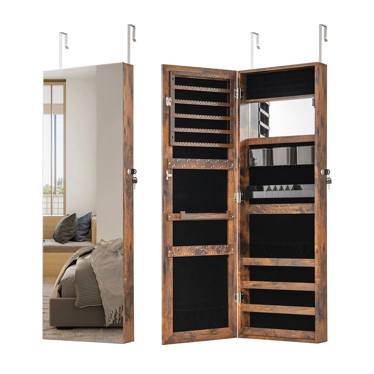110 cm Jewelry Mirror Cabinet with Full-length Mirror and Interior Makeup Mirror-Rustic Brown