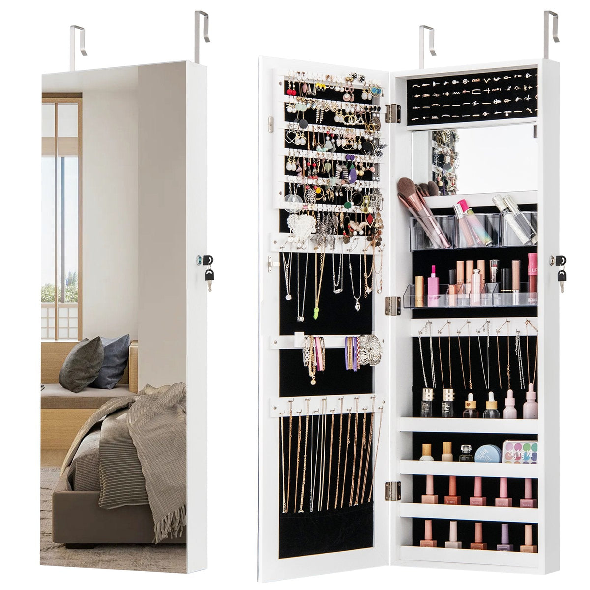 110 cm Jewelry Mirror Cabinet with Full-length Mirror and Interior Makeup Mirror-Rustic Brown