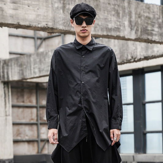 Men's Oversized Long Sleeve Shirt | Irregular Hem Cotton Blend