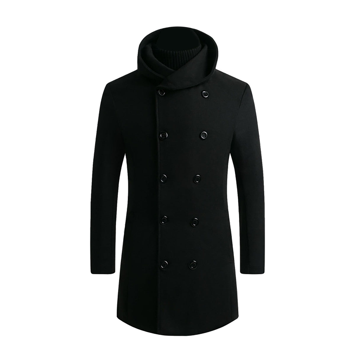 Men's Mid-Length Woolen Coat Padded Hooded Trench Coat