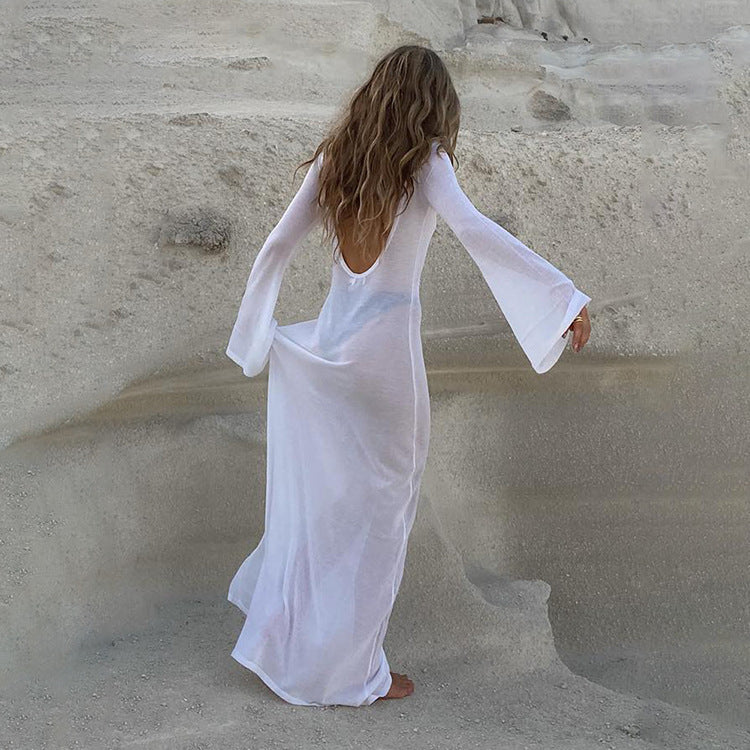 Summer New  Backless Long Sleeve Sheer Mesh Dress