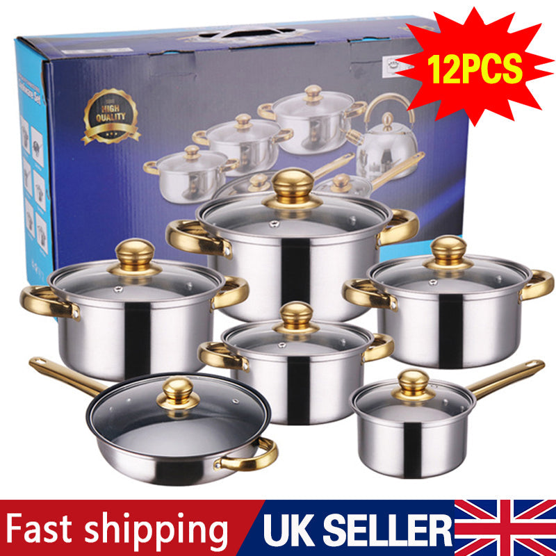 12Pcs Stainless Steel Cookware Set Saucepan Casserole Pans Pot Induction Kitchen