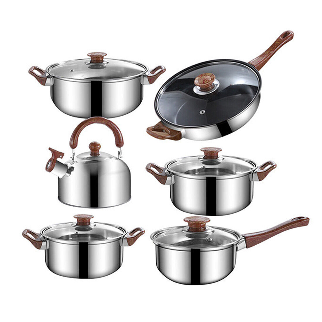12 Piece Stainless Steel Cookware Set Pots Pans Glass Lids Kitchen Pan Pot