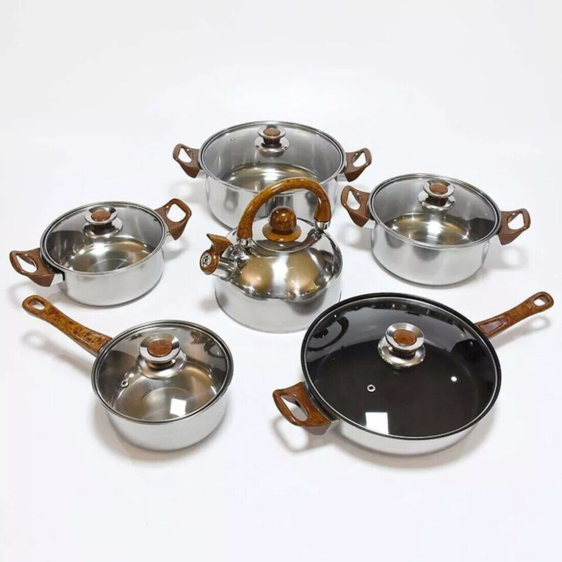 12 Piece Stainless Steel Cookware Set Pots Pans Glass Lids Kitchen Pan Pot