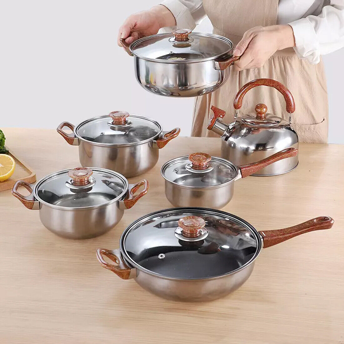 12 Piece Stainless Steel Cookware Set Pots Pans Glass Lids Kitchen Pan Pot
