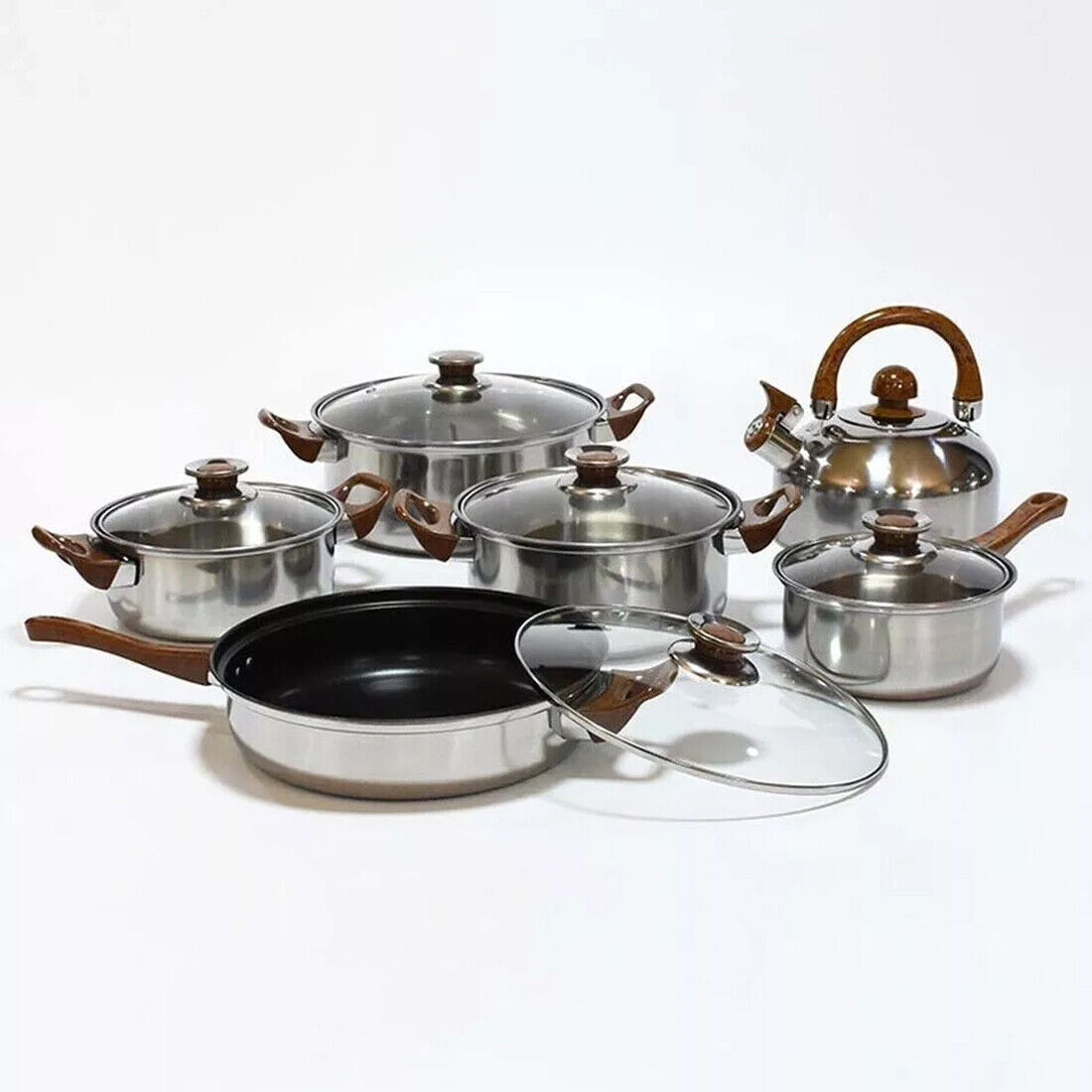 12 Piece Stainless Steel Cookware Set Pots Pans Glass Lids Kitchen Pan Pot