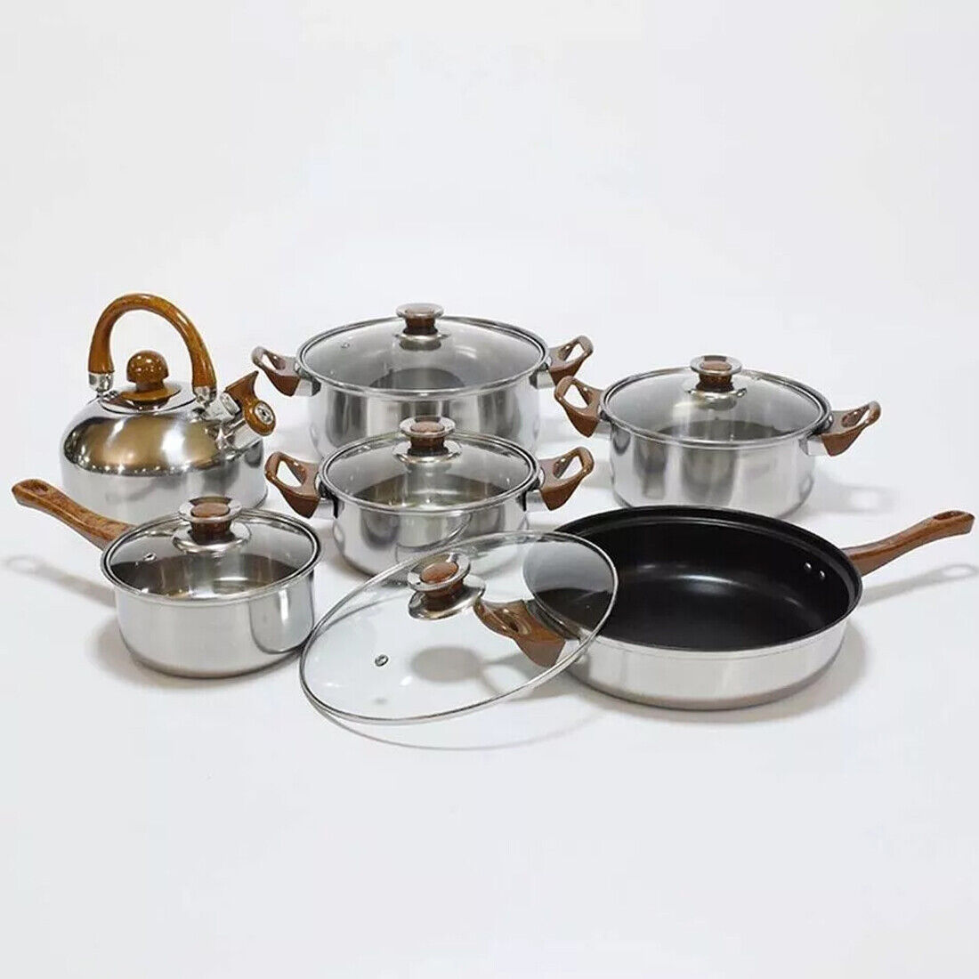 12 Piece Stainless Steel Cookware Set Pots Pans Glass Lids Kitchen Pan Pot
