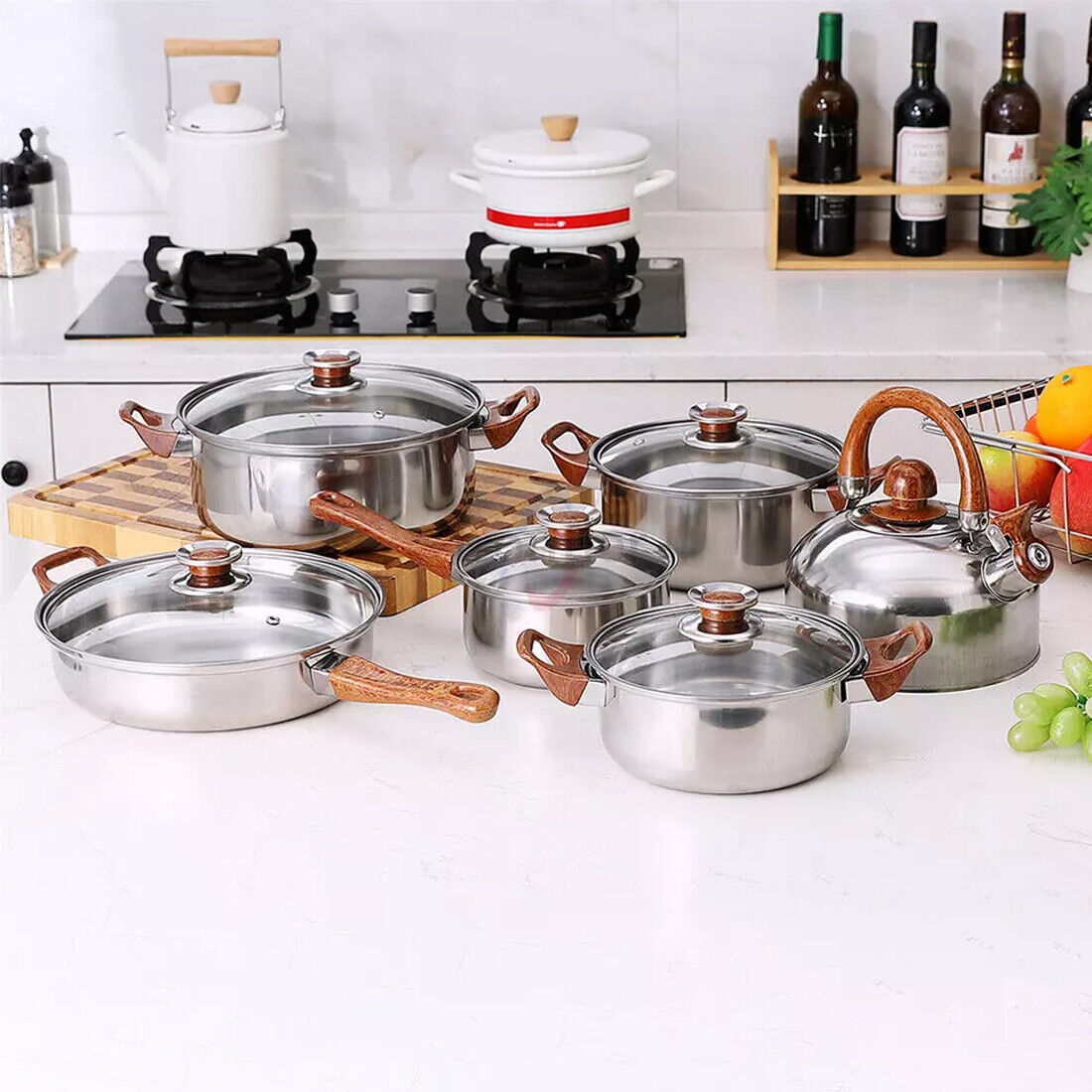 12 Piece Stainless Steel Cookware Set Pots Pans Glass Lids Kitchen Pan Pot