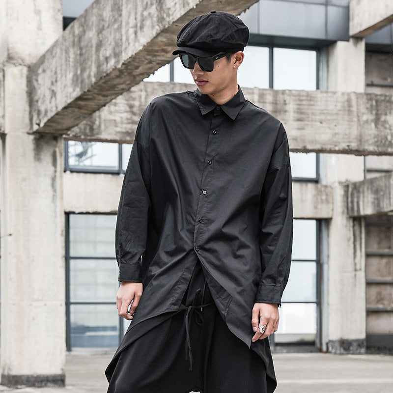 Men's Oversized Long Sleeve Shirt | Irregular Hem Cotton Blend