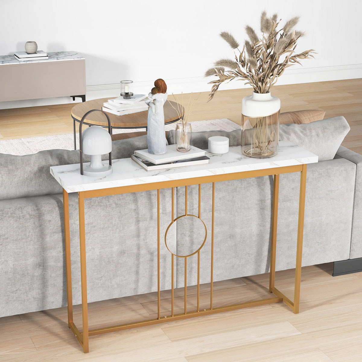 120cm Modern Faux Marble Top Console Table with Heavy-duty Metal Frame-Black