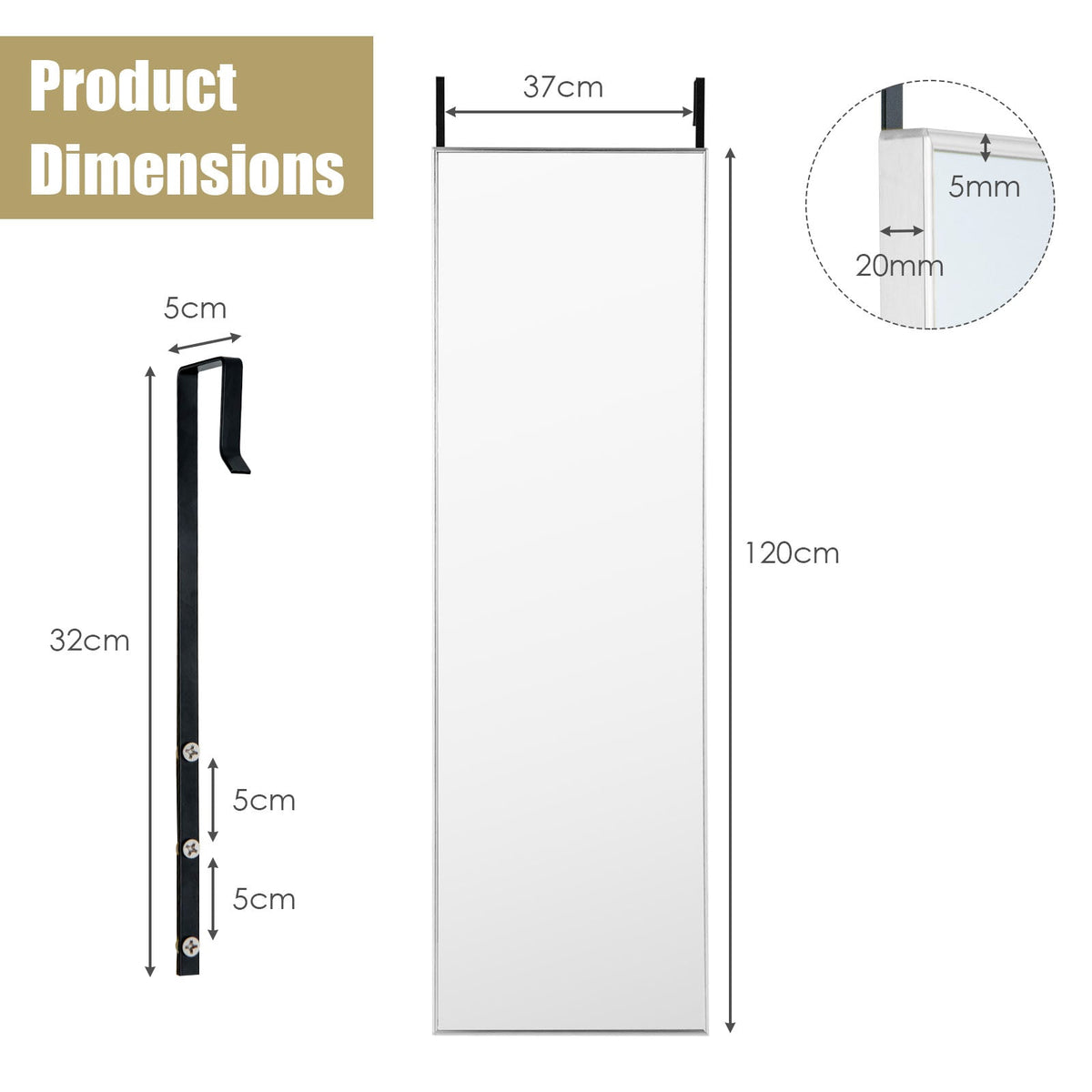 120 x 37 cm Full Length Wall Hanging Mirror with Adjustable Hook-Golden