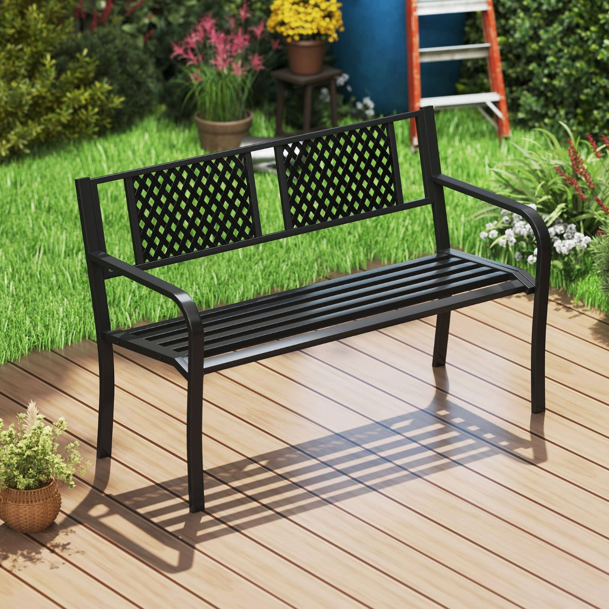 127CM Garden Bench with Patterned Backrest and Curved Armrests-Black