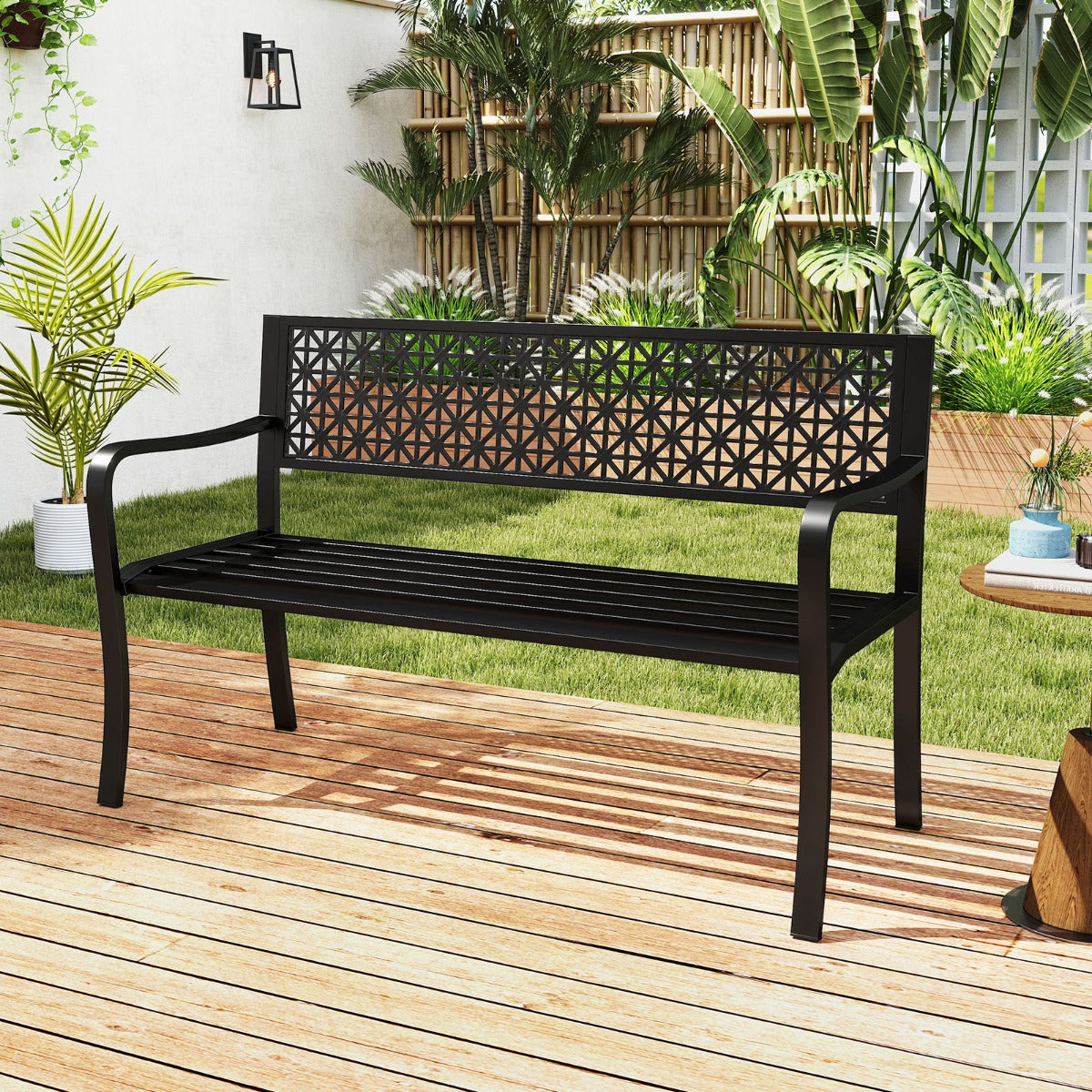 127CM Garden Bench with Patterned Backrest and Curved Armrests2-3-Person Patio Bench-Black