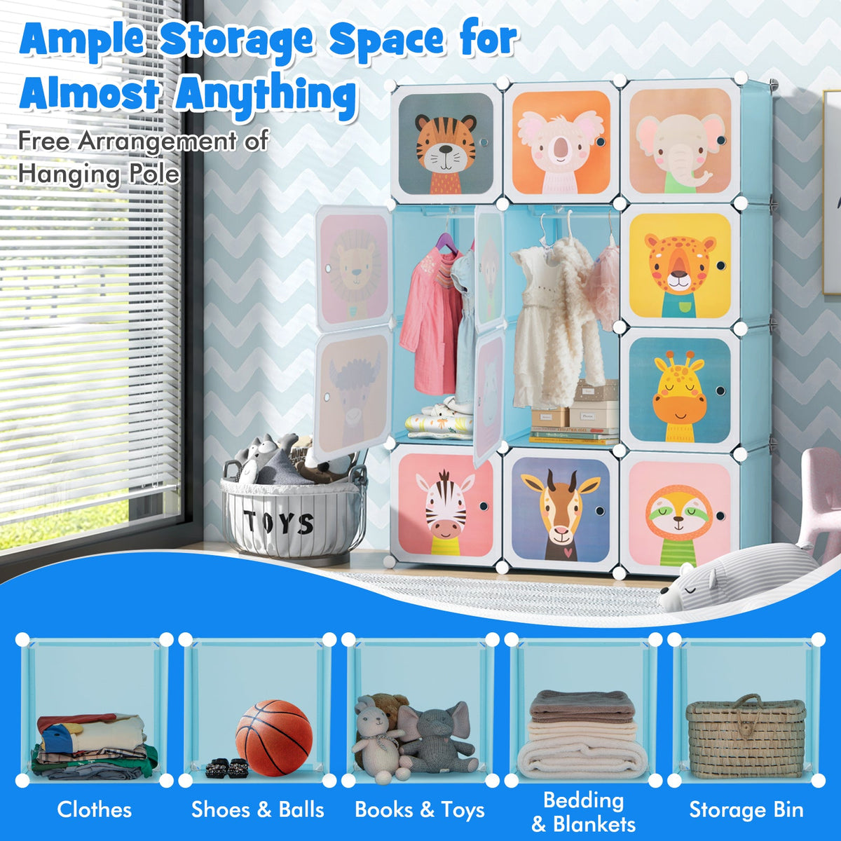 12 Cube Portable Kids Wardrobe with Hanging Section-Pink