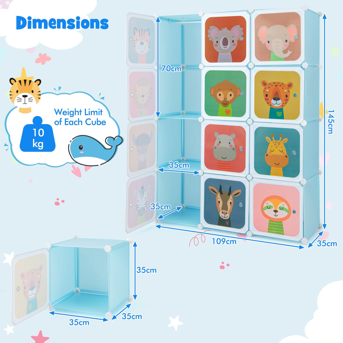 12 Cube Portable Kids Wardrobe with Hanging Section-Pink