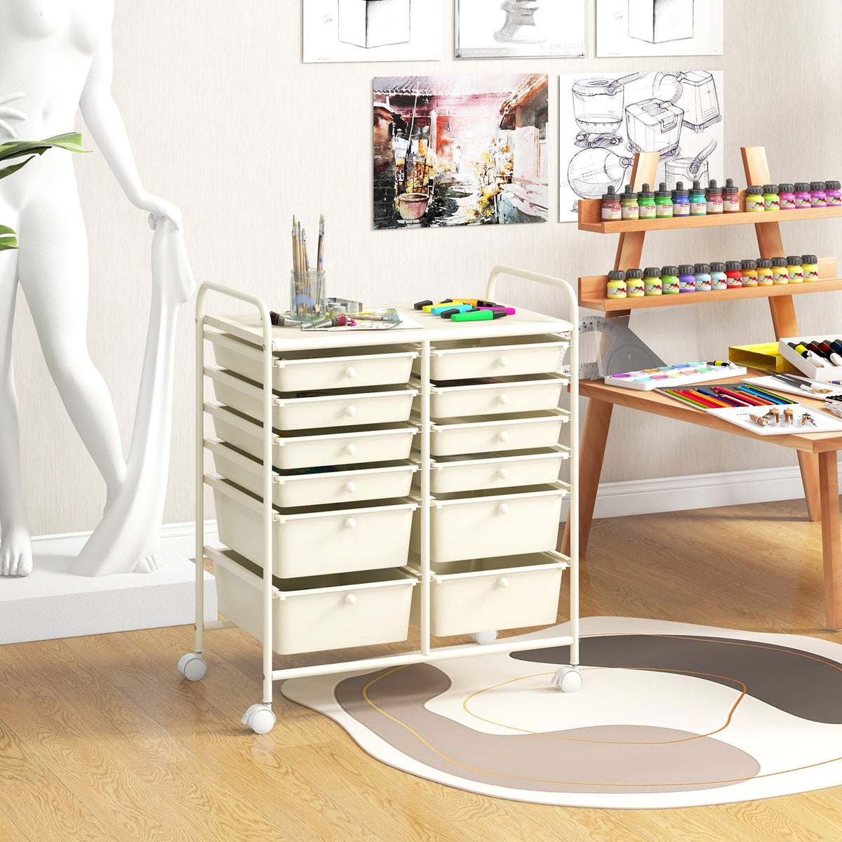 12 Drawers Rolling Storage Cart with 4 Wheels and Brakes-Clear