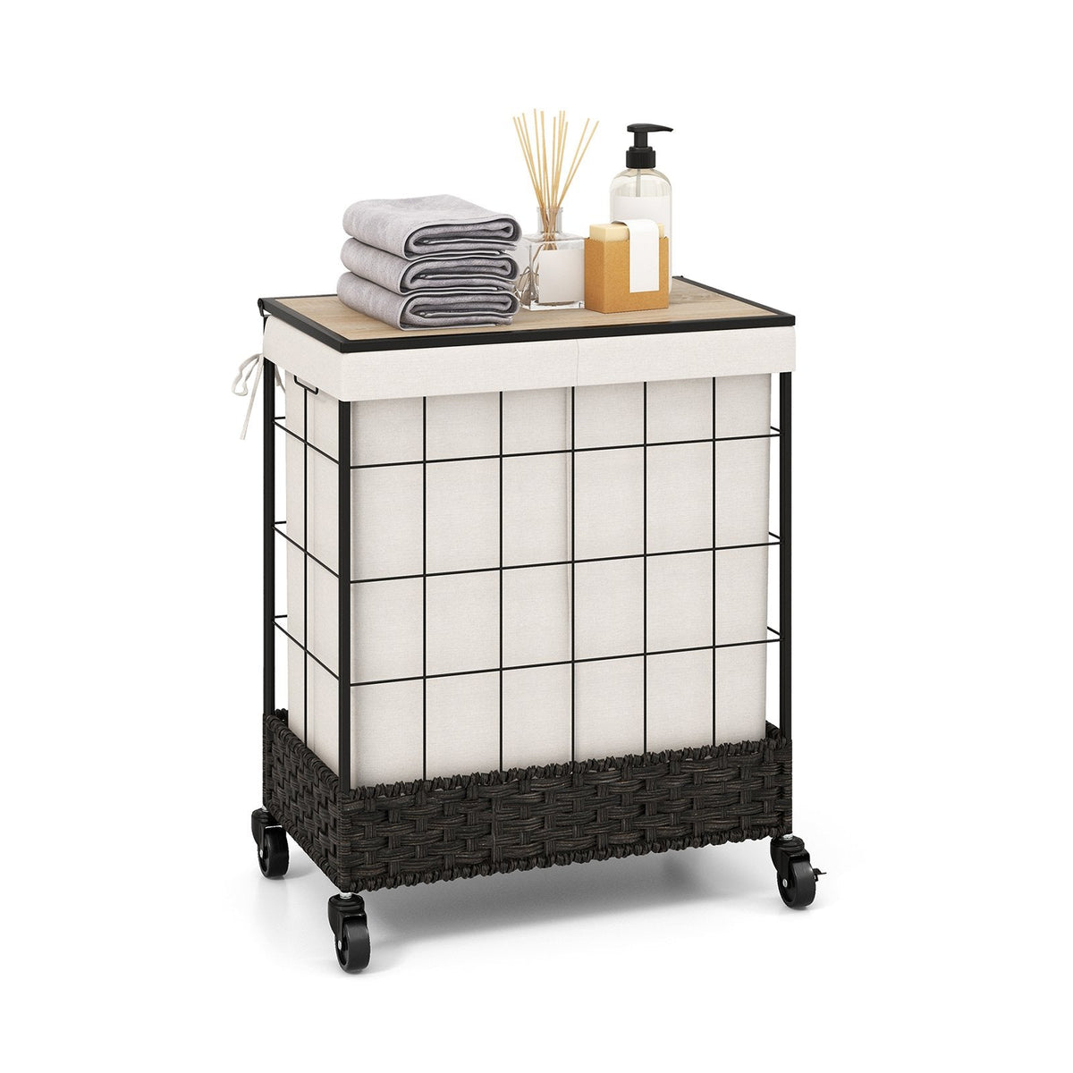 130L Handwoven Rattan Laundry Hamper with Lid and Lockable Wheels-Black