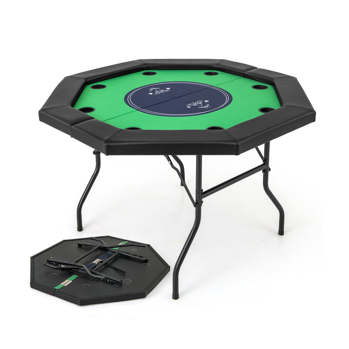 130 cm Foldable Poker Table with Padded Rails and Folding Legs for 8 Players-Blue