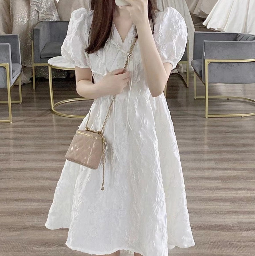 Tea Break French Style White V-neck Puff Sleeve Dress Women