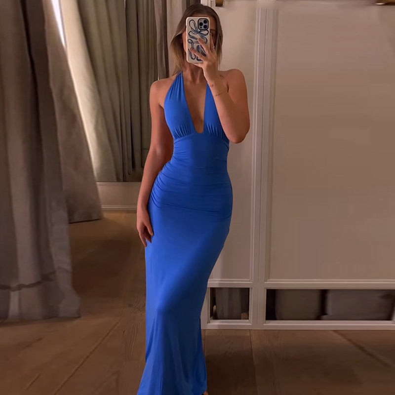 Solid Color Sleeveless V-neck Halter Backless Dress