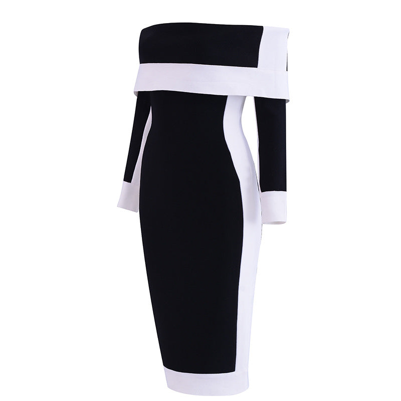 Color Contrast Patchwork Simple Off-shoulder Midi Dress White Dress