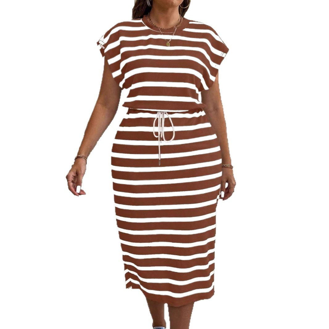 Round Neck Printed Drawstring Short Sleeve Dress