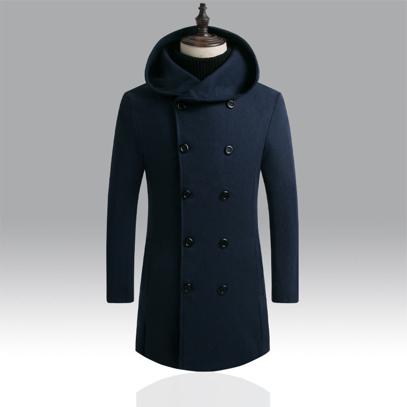 Men's Mid-Length Woolen Coat Padded Hooded Trench Coat
