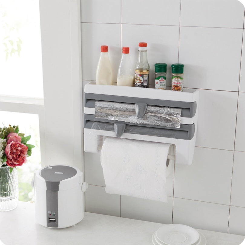 Multifunction Wall-Mount Cling Film Storage Wrap Cutter Rack Paper Holder for Kitchen