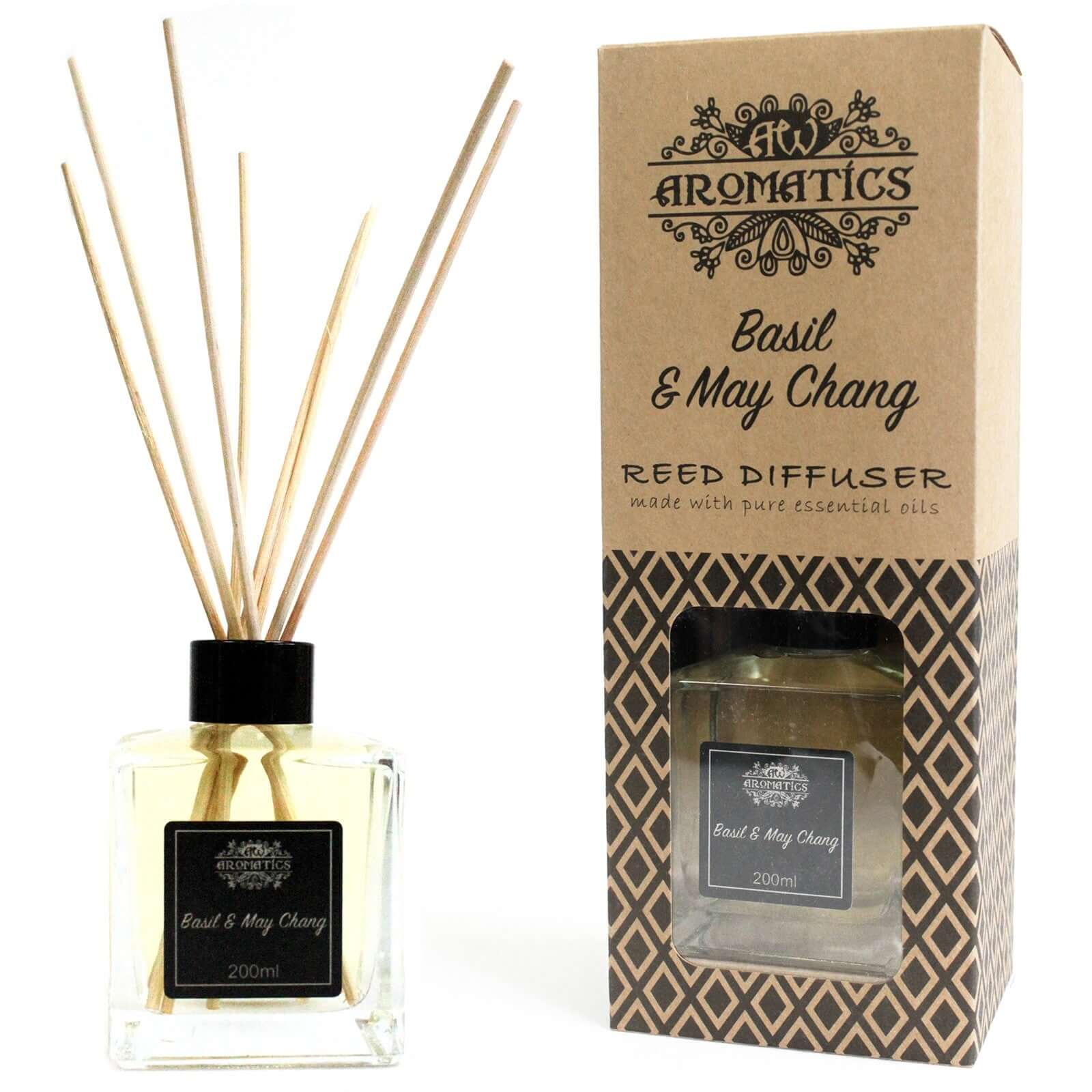 Reed diffuser with basil and may chang scent next to its packaging on a white background