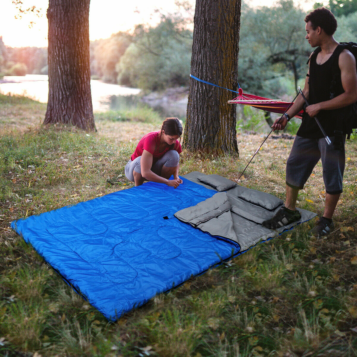 Double Sleeping Bag Extra Large Waterproof with Carrying Bag-Black
