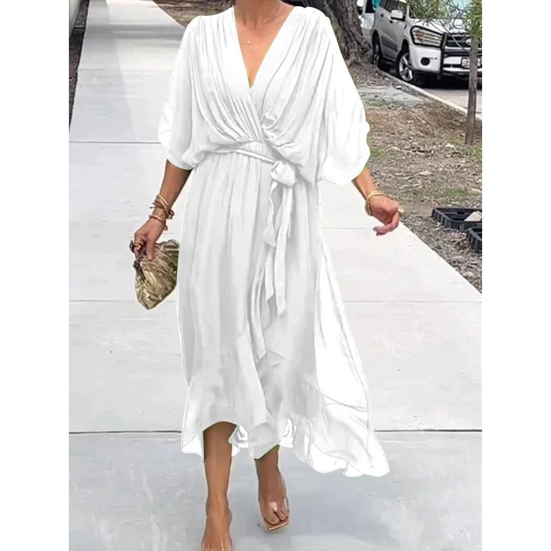 Pure Color Tied Long Dress Batwing Sleeve Irregular Dress Plus Size
