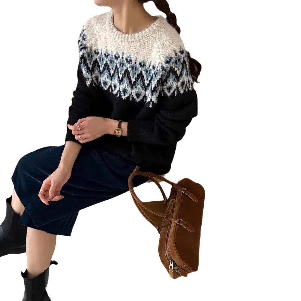 Women's Round Neck Loose Jacquard Sweater Retro Lazy