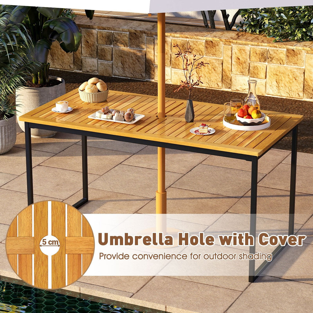 140 x 70cm Acacia Wood Dining Table for 6 People with Slatted Tabletop