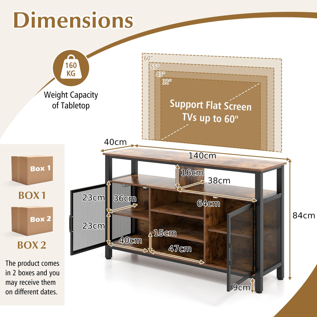 140cm Buffet Sideboard with 8-Bottle Wine Racks and 6 Rows of Wine Glass Holders-Grey