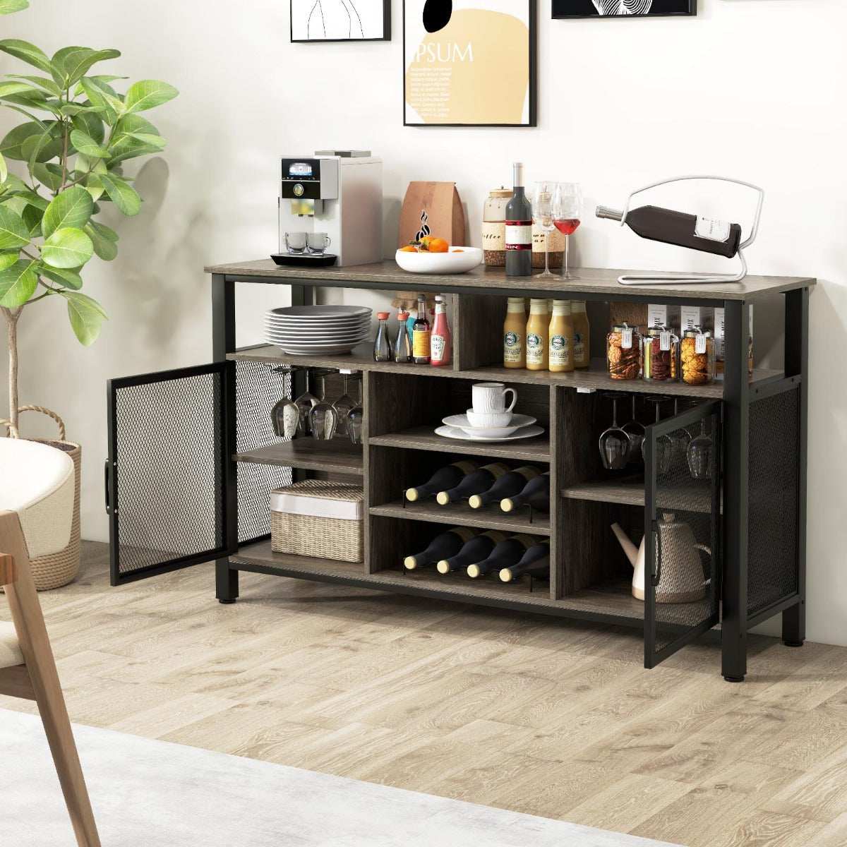 140cm Buffet Sideboard with 8-Bottle Wine Racks and 6 Rows of Wine Glass Holders-Grey