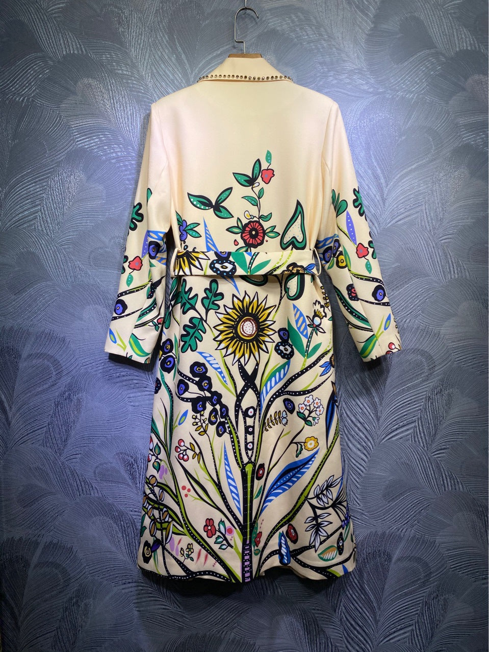 Lapel bead print belt mid-length trench coat