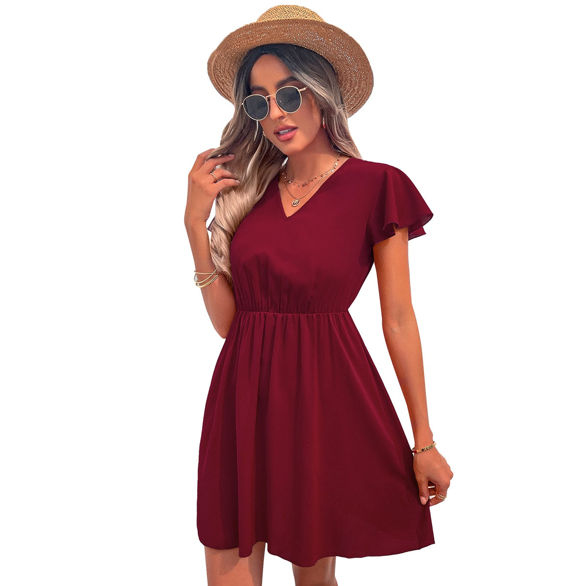 Fashion V Neck Lace Chiffon Backless Dress