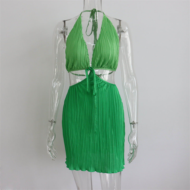 Summer V-neck Backless Pleated Dress Women's New Halter Lace-up Cutout Skirt