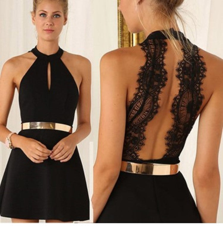 Women's Round Neck Sleeveless Hollow Lace Backless Dress