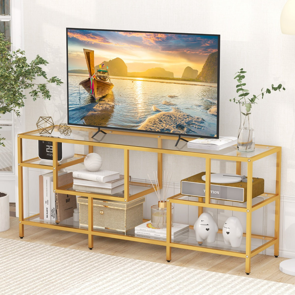 147cm TV Console Table with Tempered Glass Shelves-Golden
