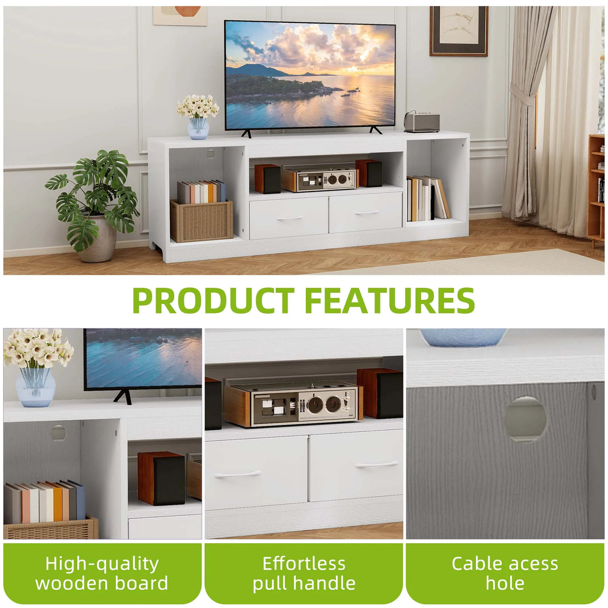 148cm White TV Stand for 65 Inch TV with Doors & Adjustable Shelves Home Table