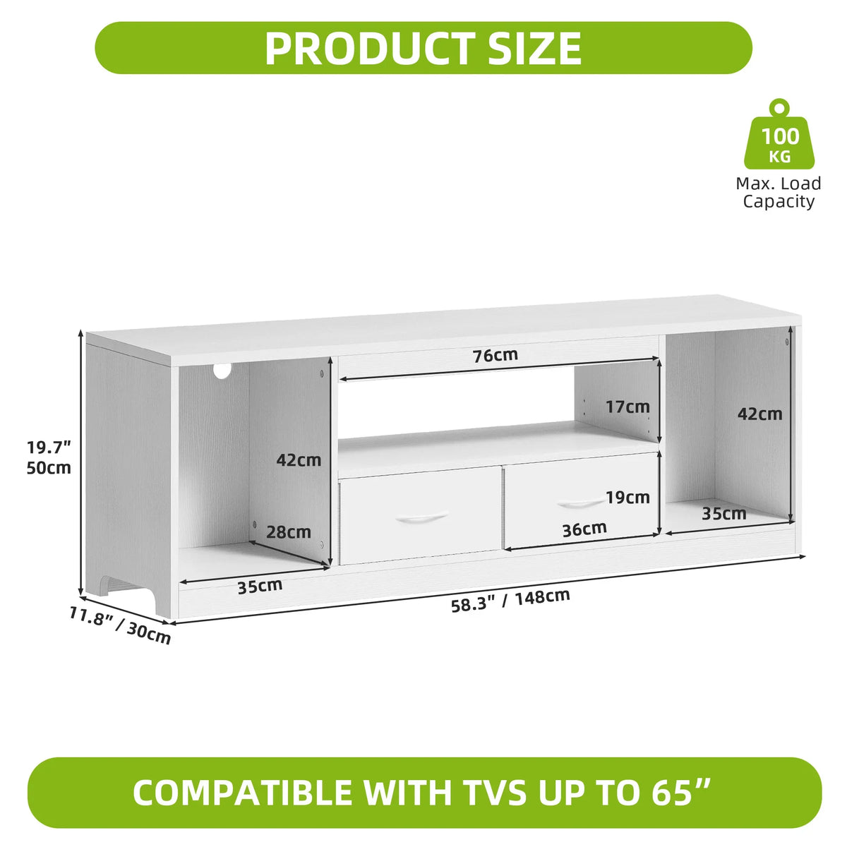 148cm White TV Stand for 65 Inch TV with Doors & Adjustable Shelves Home Table