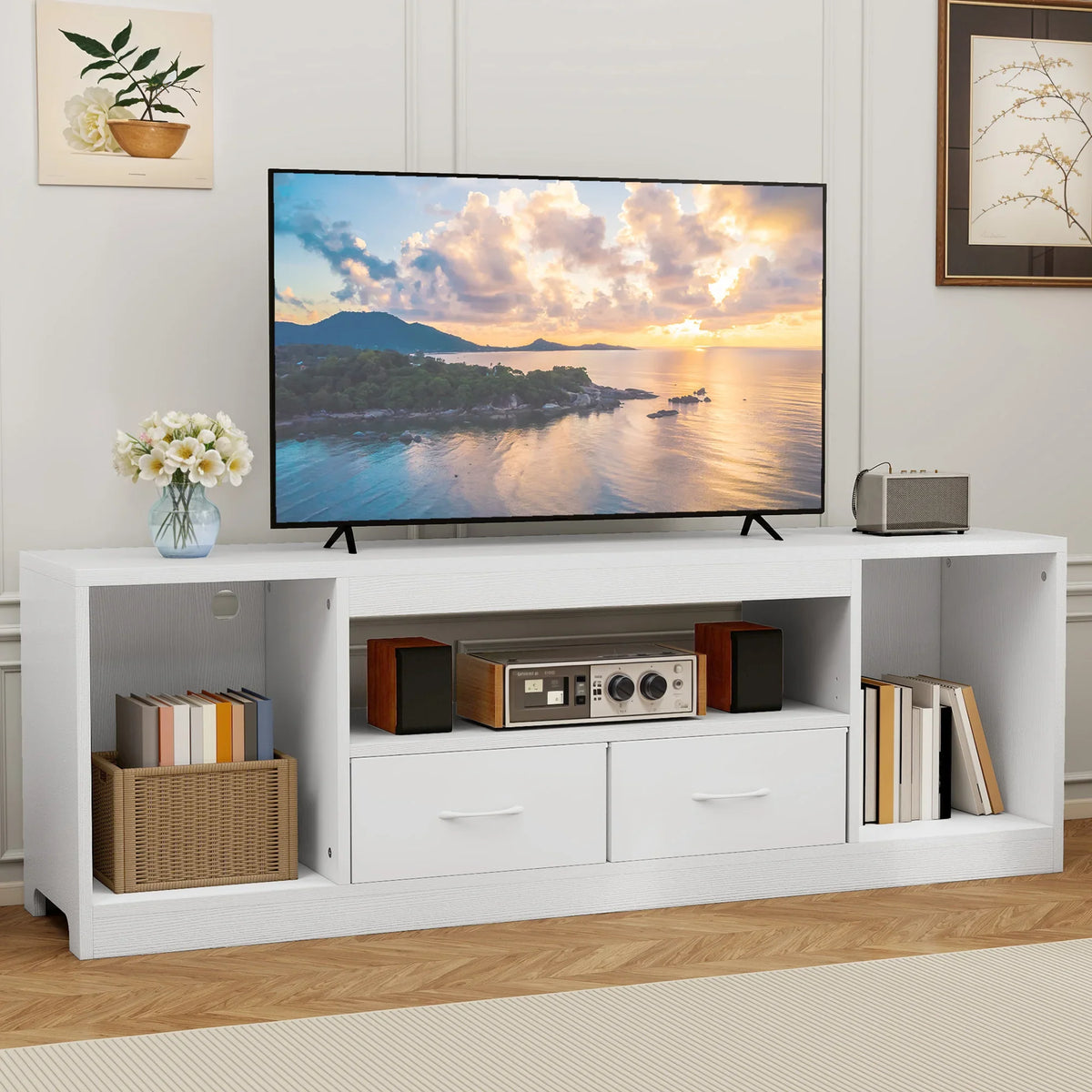 148cm White TV Stand for 65 Inch TV with Doors & Adjustable Shelves Home Table