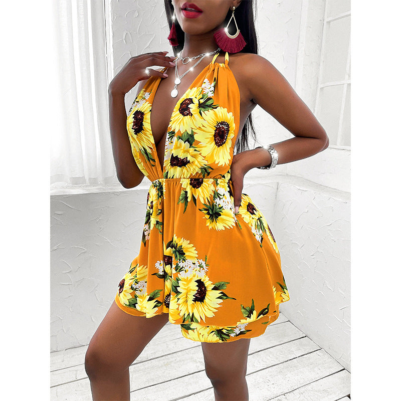 Sunflower V-neck Backless Casual Dress For Women